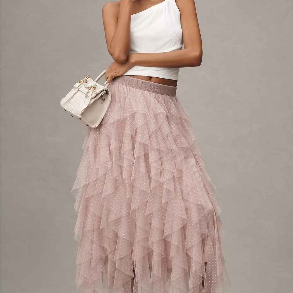 NWT The Chéri Ruffled Tulle Midi Skirt by Anthropologie in Rose